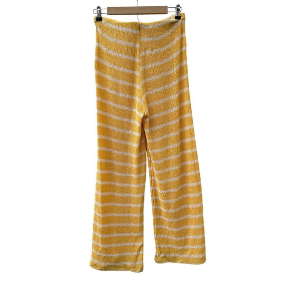 Zara Striped Yellow‎ & White High Waisted Knit Wide-Leg Rustic Trousers Pants M - Picture 3 of 12